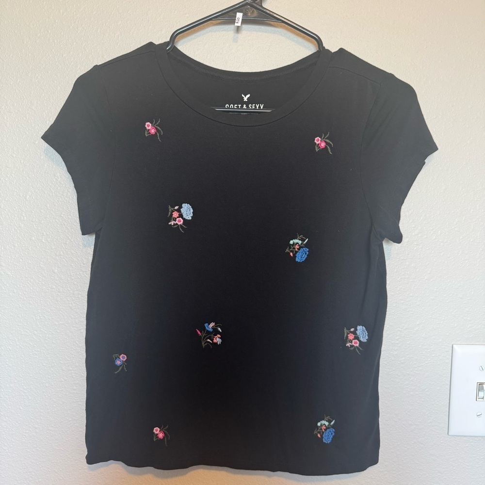 American Eagle Outfitters Black Tee with Floral Embroidery